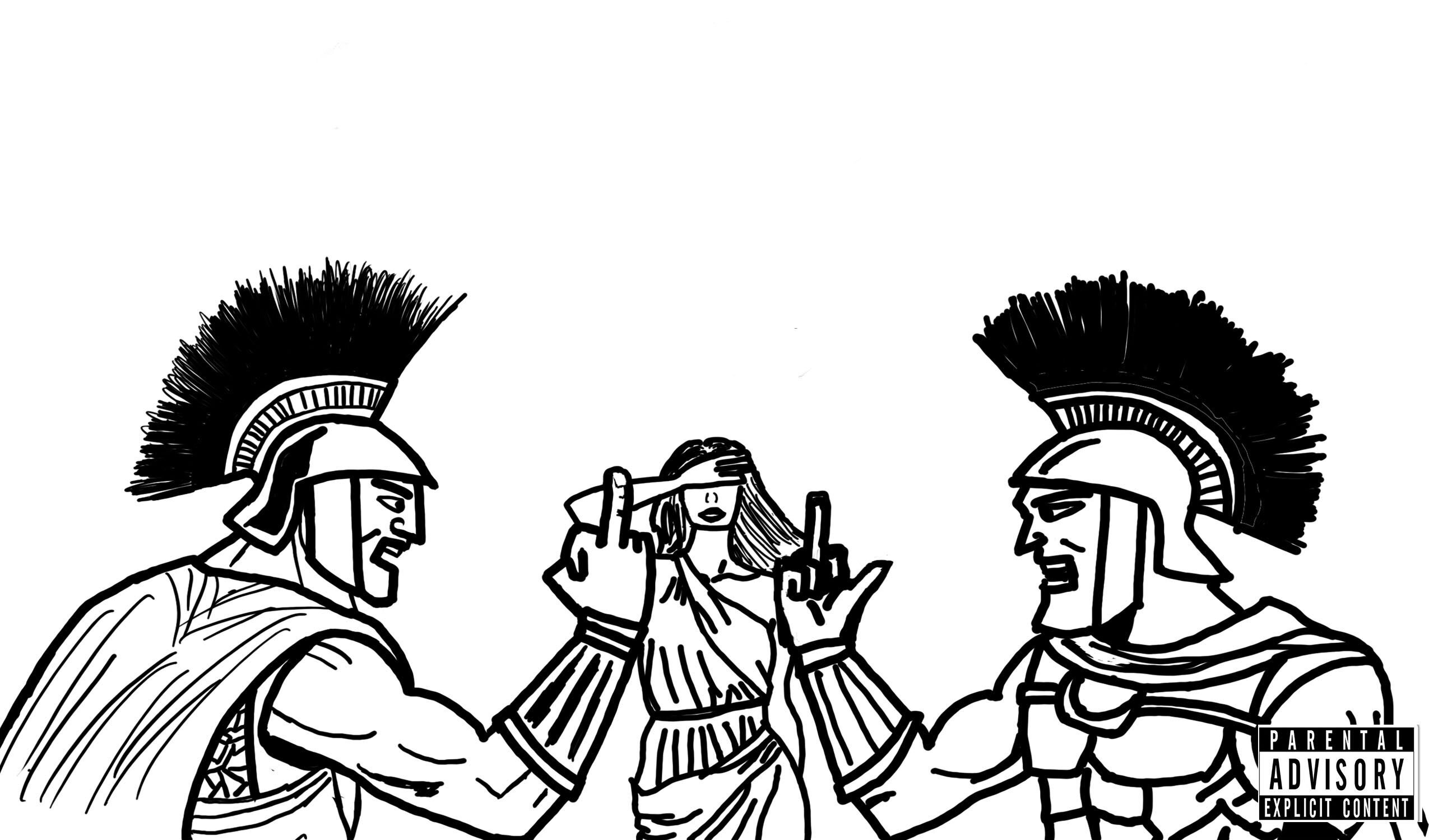 Three Greek warriors in battle formation